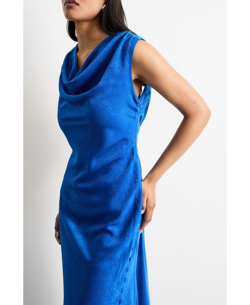Women's Cowl Bias Satin Button Detail Dress