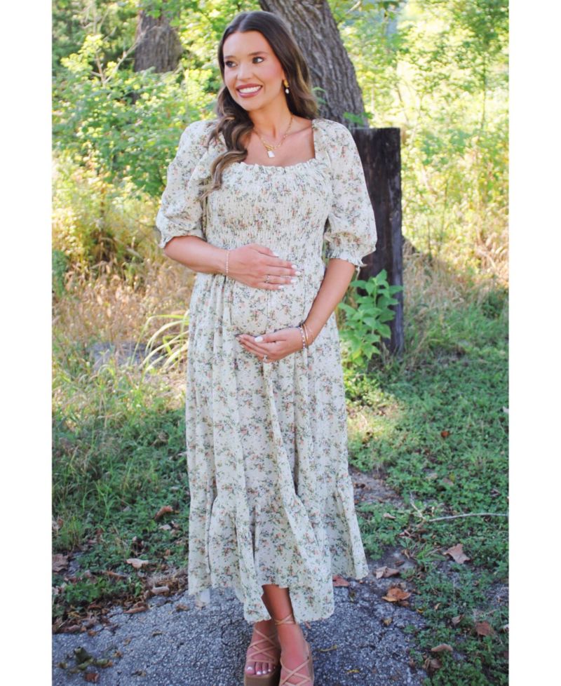 Women's Light Olive Smocked Handkerchief Hem Dress