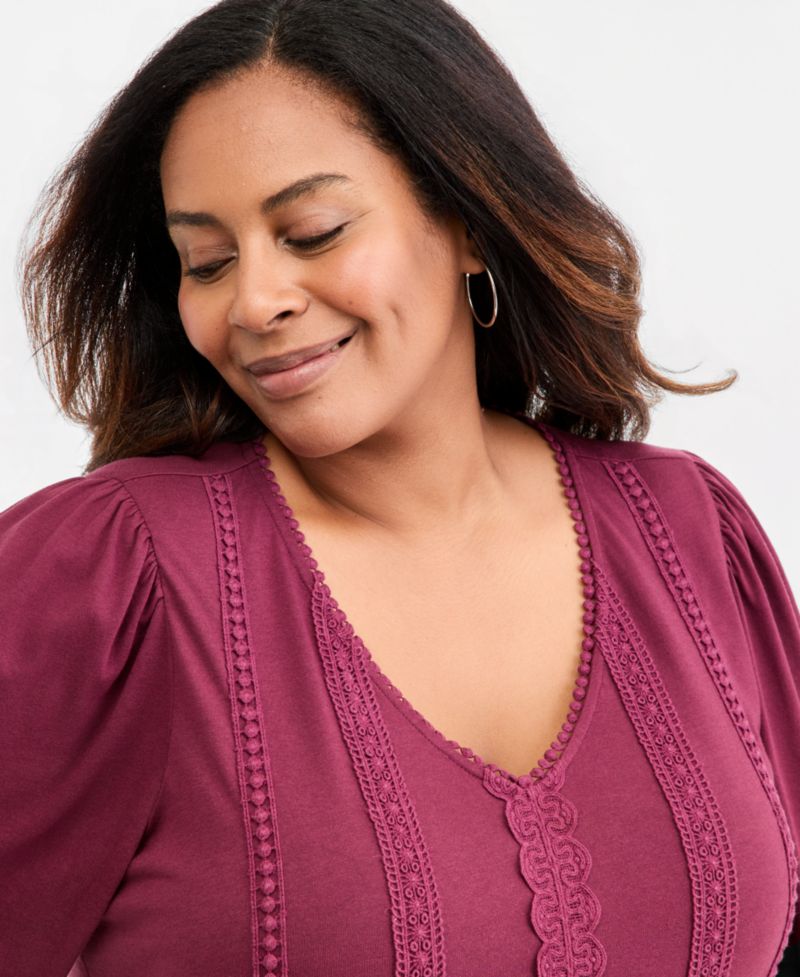 Plus Size 3/4-Sleeve V-Neck Embroidery Trim Top