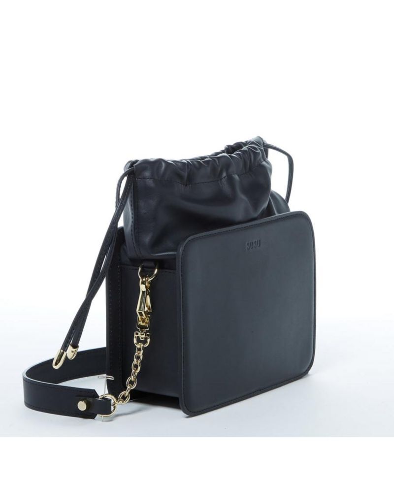 Black Leather Bucket Bag Medium Size Purse for Women with Drawstring Closure