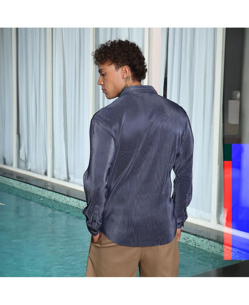 Men's Navy Blue Textured-Pleat Shirt