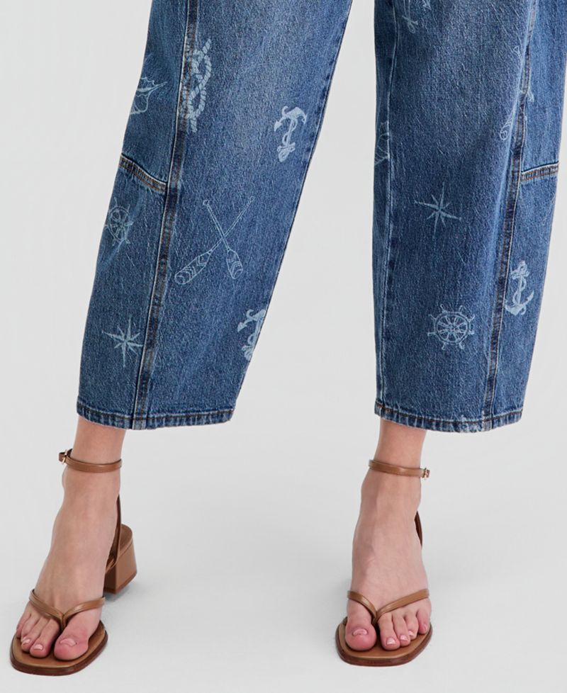 Women's Nautical Print Barrel-Leg Jeans