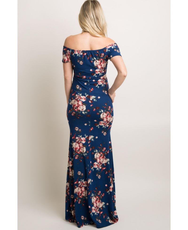 Women's Navy Floral Off Shoulder Wrap Photoshoot Gown/Dress