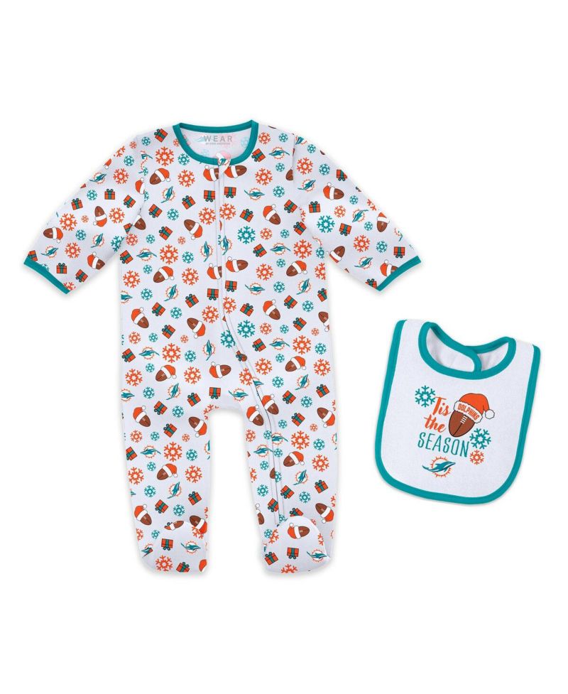Baby Boys and Girls Newborn 2-Piece Miami Dolphins Holiday Full-Zip Sleeper and Bib Set