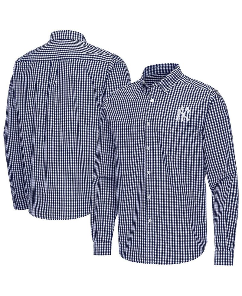 Men's Navy New York Yankees Ellis Woven Tri-Blend Button-Down Shirt