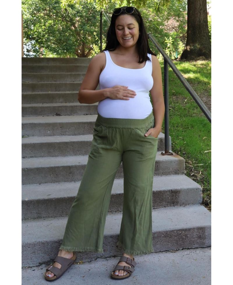 Women's Olive Linen Frayed Hem Crop Pants