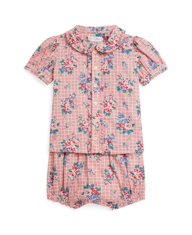 Baby Girls' Floral Print Collared Shirt and Shorts, 2-Piece Set