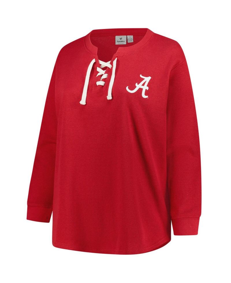 Women's Crimson Alabama Crimson Tide Lace-Up Waffle Knit Plus Size Long Sleeve T-Shirt
