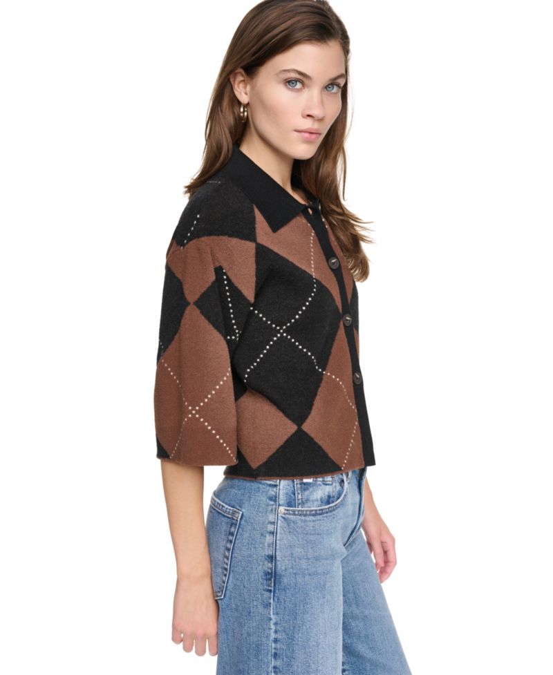 Women's Fuzzy-Knit Argyle Polo Collar Cardigan