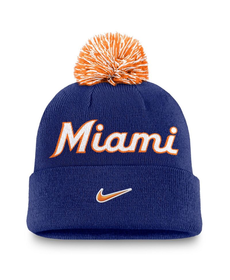 Men's Royal Miami Marlins Peak Cuffed Knit Hat with Pom