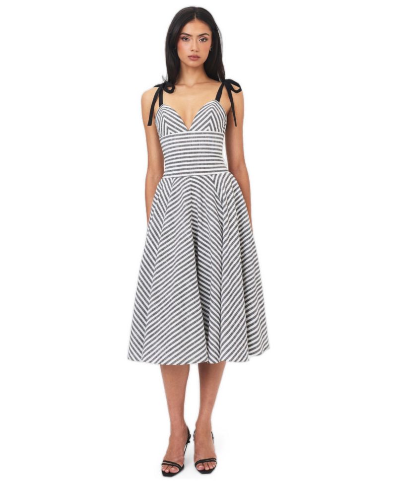 Women's Riley Striped A-Line V-Neck Cotton-Linen Blend Midi Dress