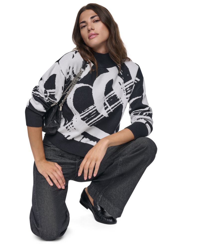 Women's Mock Neck Heart Brushstroke Long-Sleeve Pullover Sweater