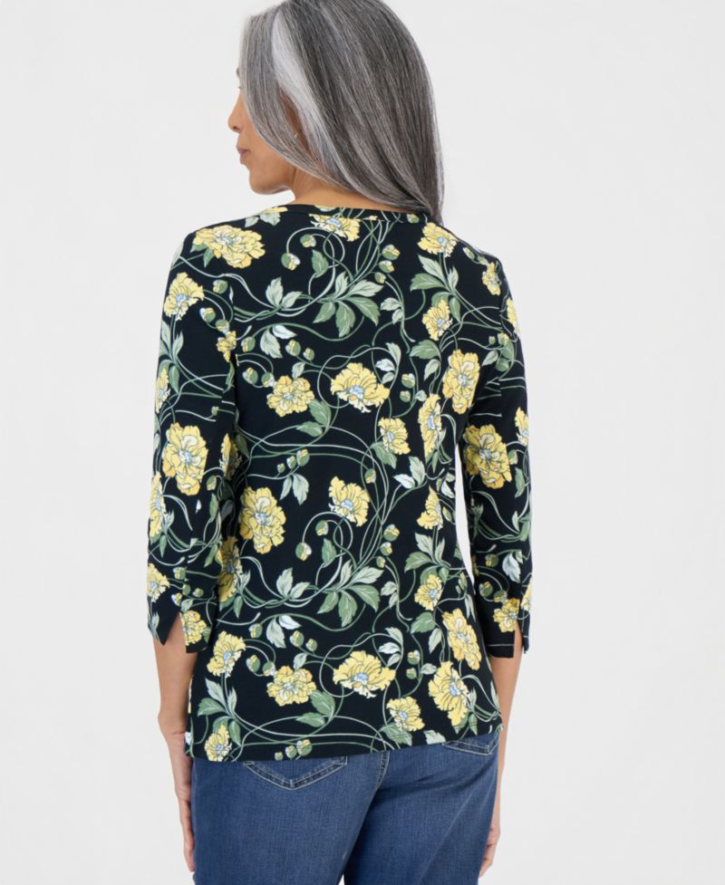 Petite Printed Pima Cotton 3/4-Sleeve Boat Neck Top
