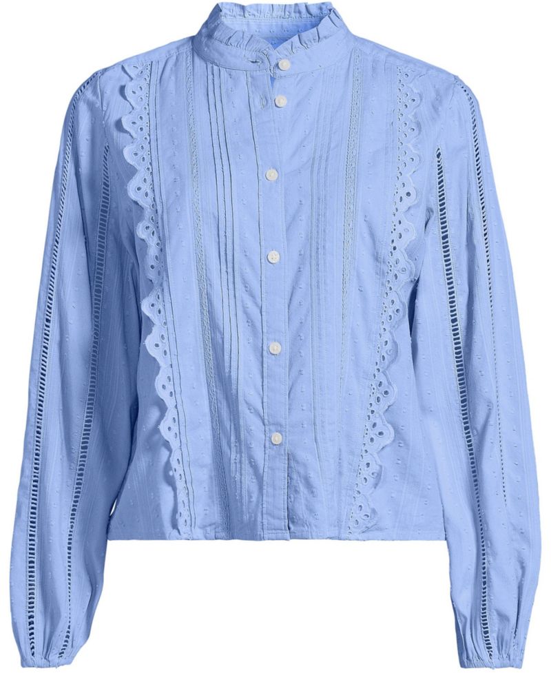 Plus Size Ruffle-Neck Pintuck with Embroidery and Lace Long-Sleeve Shirt