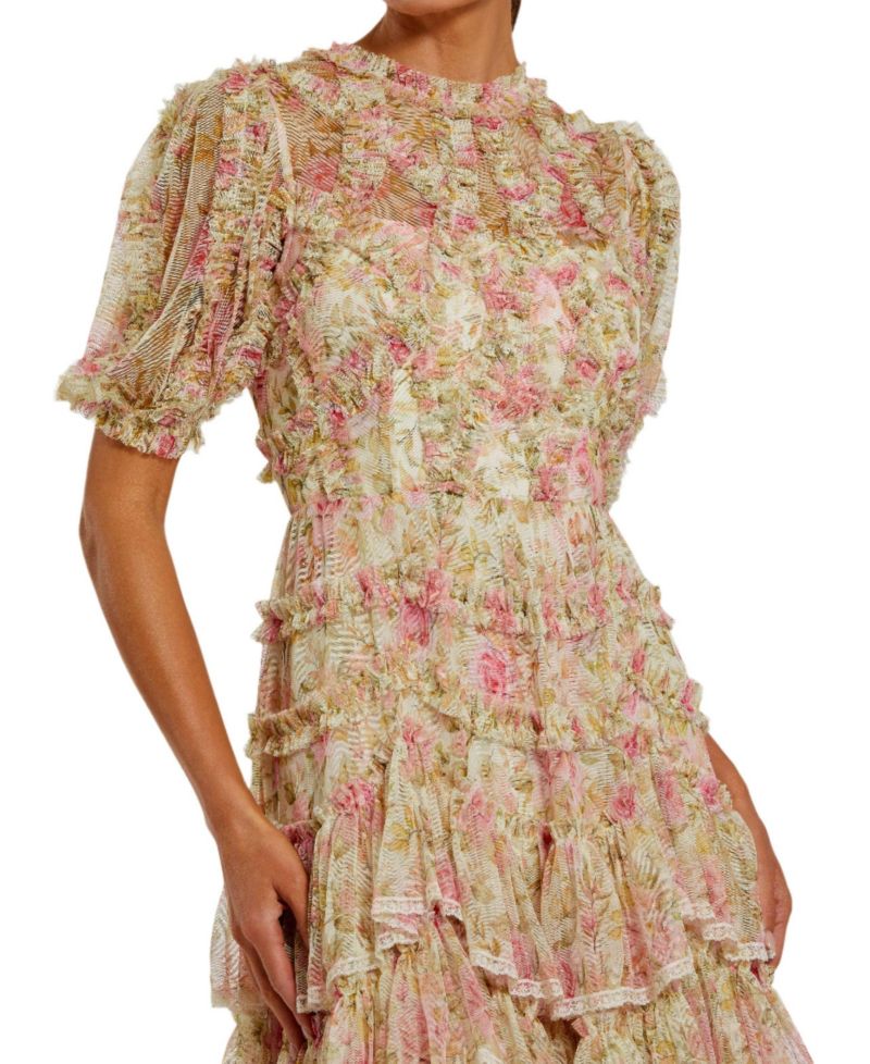 Women's Lace Trim Printed Mesh High Neck Midi Dress