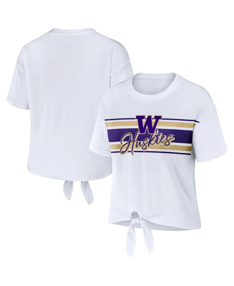 Women's White Washington Huskies Striped Front Knot Cropped T-shirt