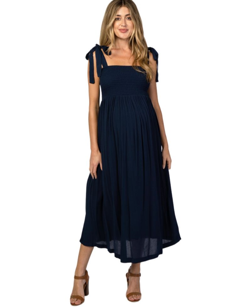 Women's Navy Blue Smocked Tie Strap Midi Dress