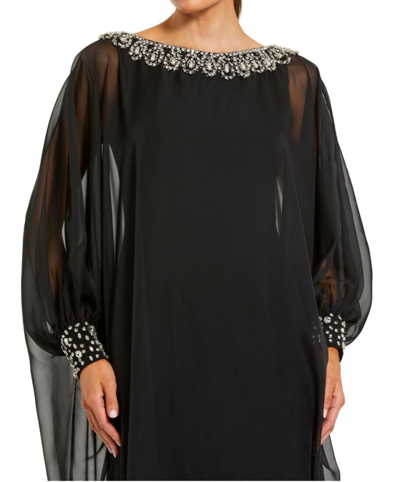 Women's Chiffon Long Sleeve Kaftan Gown with Beaded Neckline
