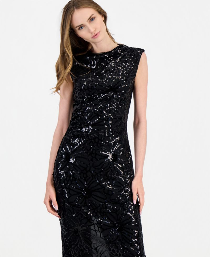 Women's Sleeveless Floral-Sequin Draped-Neck Midi Dress