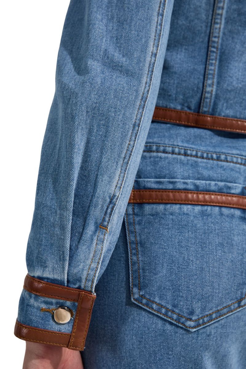 Women's Denim and Leather Collarless Jacket