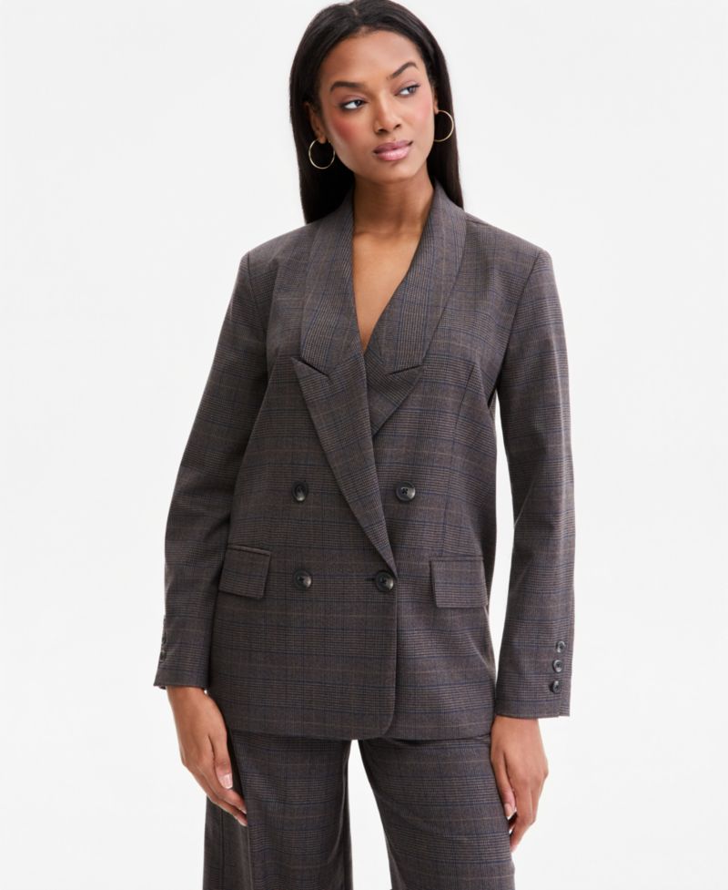 Women's Plaid Peak-Lapel Double-Breasted Blazer