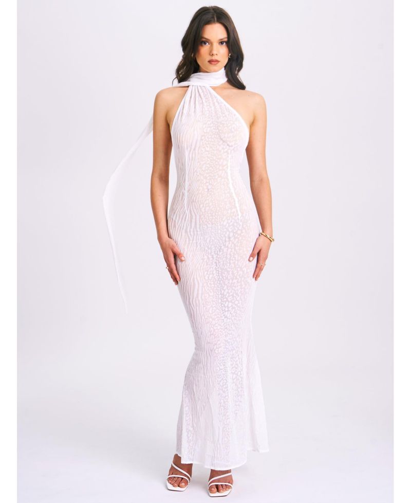 Women's Olena White Burnout Velvet Animal Print Mesh Halter Neck Maxi Dress