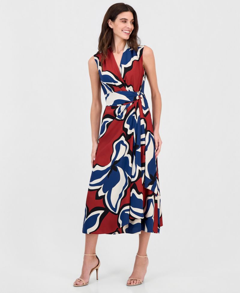 Women's Printed Faux-Wrap Tie-Waist Midi Dress