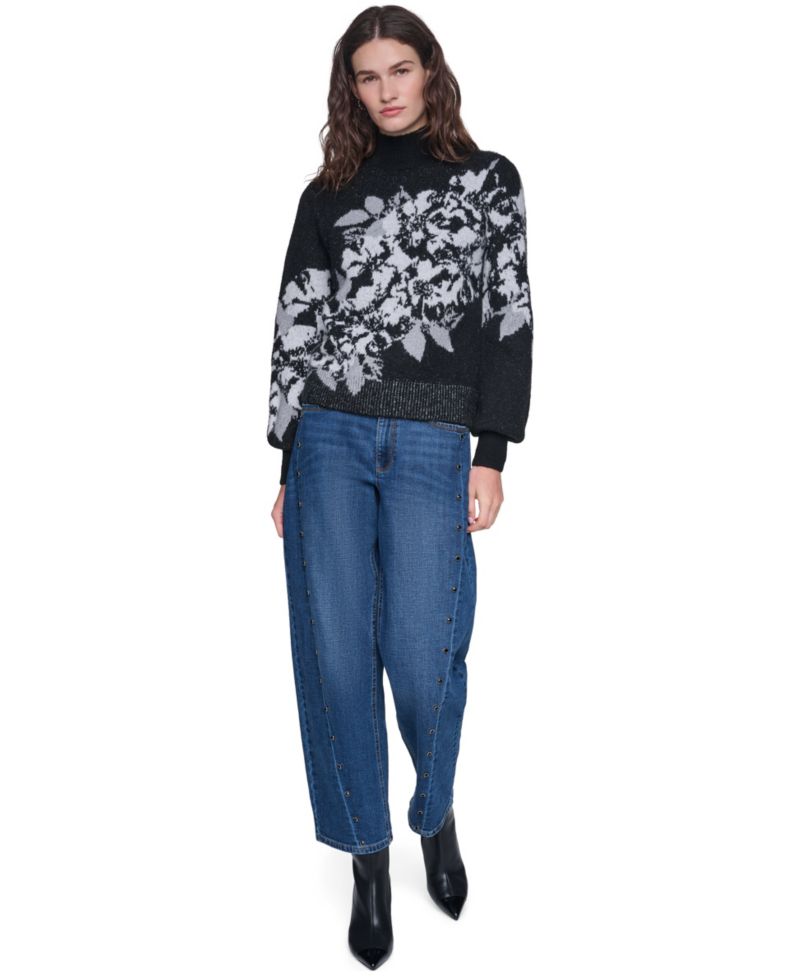Women's Rose Mock Neck Floral-Print Sweater