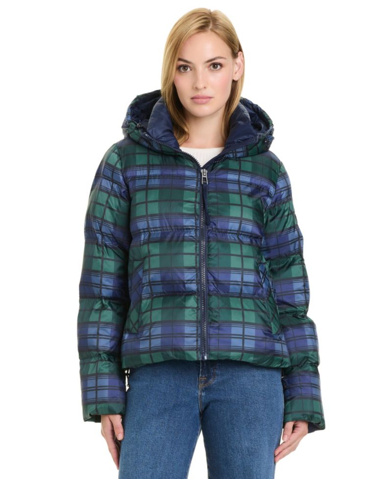 Women's Hooded Plaid Cropped Puffer Jacket