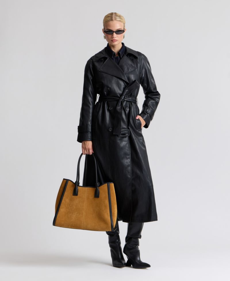 Women's Faux-Leather Belted Raglan-Sleeve Trench Coat