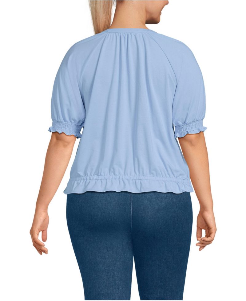 Plus Size Elbow Sleeve Lightweight Jersey Gathered Adjustable Hem Blouse