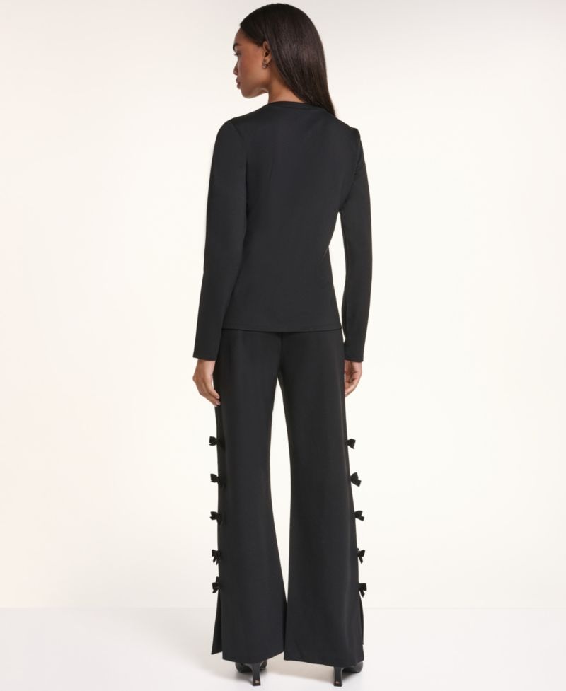 Petite Soft Set Bow Bottom Wide-Leg Velvet Pants