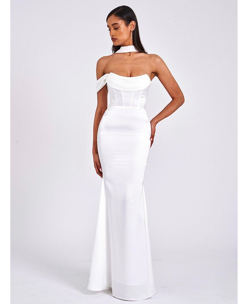 Women Ivona White Halter Neck Double Duchess Satin Gown