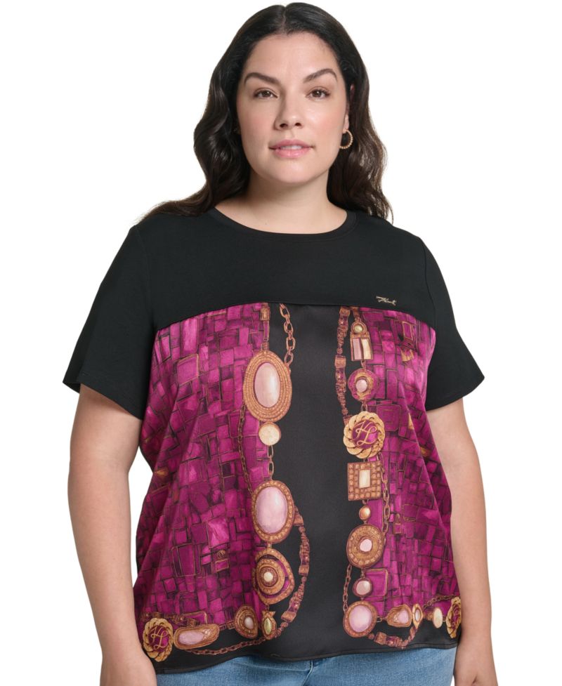 Plus Size Gemstone Knit Placed-Print Crewneck Blouse