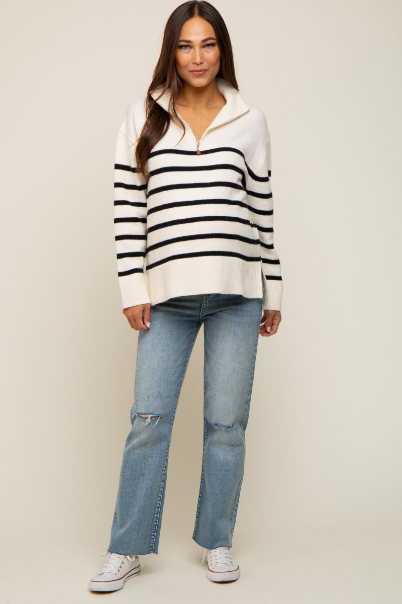 Women's Ivory Striped Half Zip Sweater