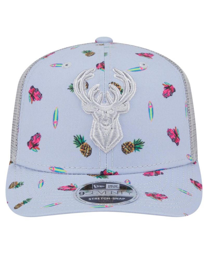 Men's Light Blue/Gray Milwaukee Bucks Adventure Aloha Pattern 9SEVENTY Stretch-Snap Hat
