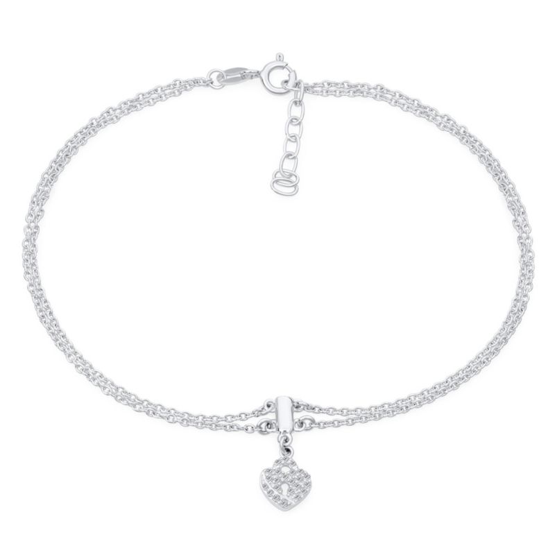 Heart Lock Anklet Charm Ankle Bracelet Double Strand .925 Sterling Silver