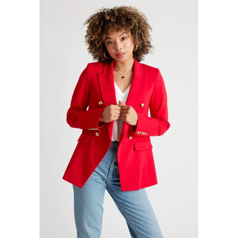 Women's Pauline Double Breasted Fitted Luxury Ponte Blazer with 5-Button Sleeves with Real Buttonholes and Optional Turn Up Cuff