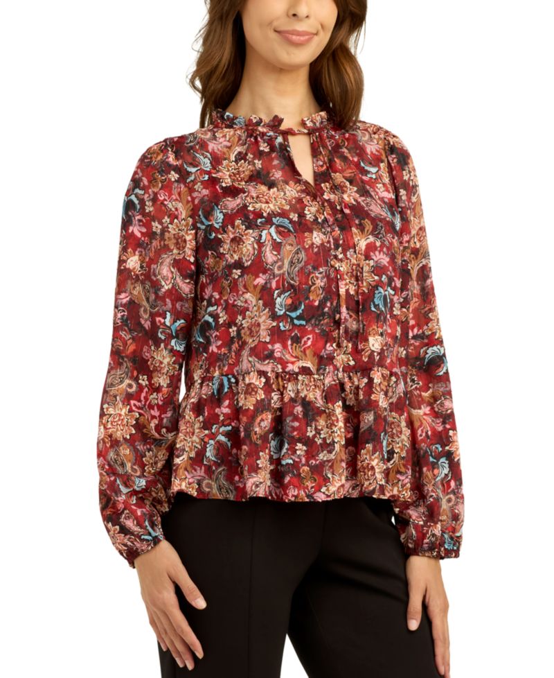 Juniors' Printed Satin Peplum Top
