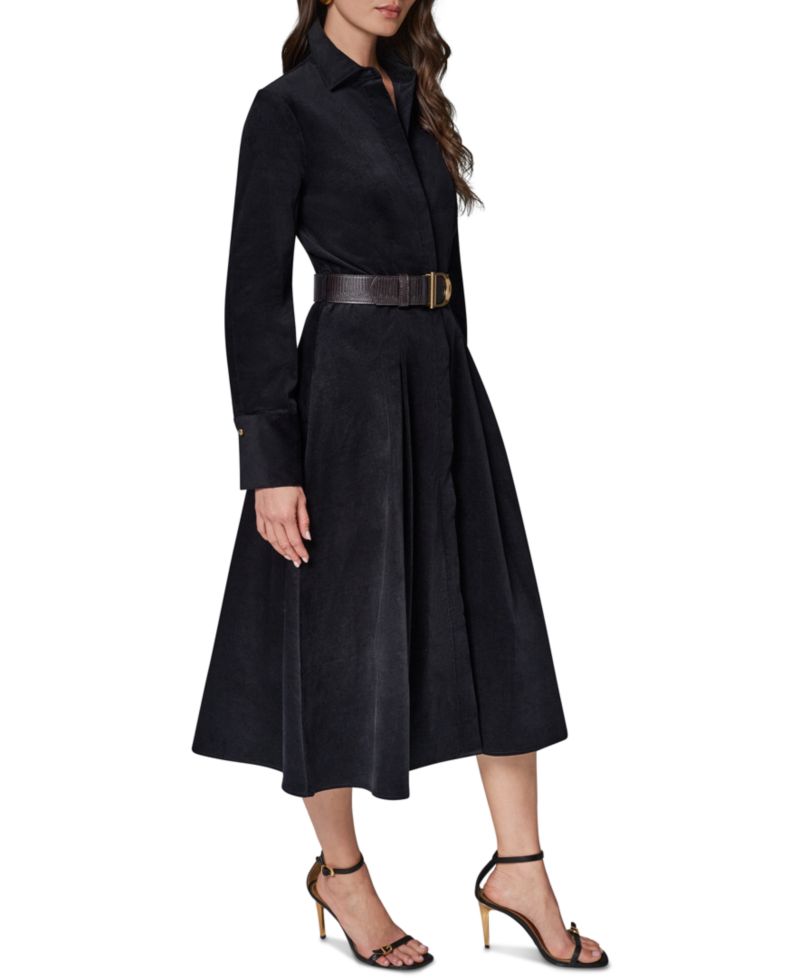 Women's Corduroy Long-Sleeve Belted Midi Shirtdress
