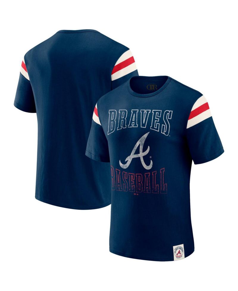 Darius Rucker Collection By Men's Navy Atlanta Braves Distressed Sleeve Stripe T-Shirt