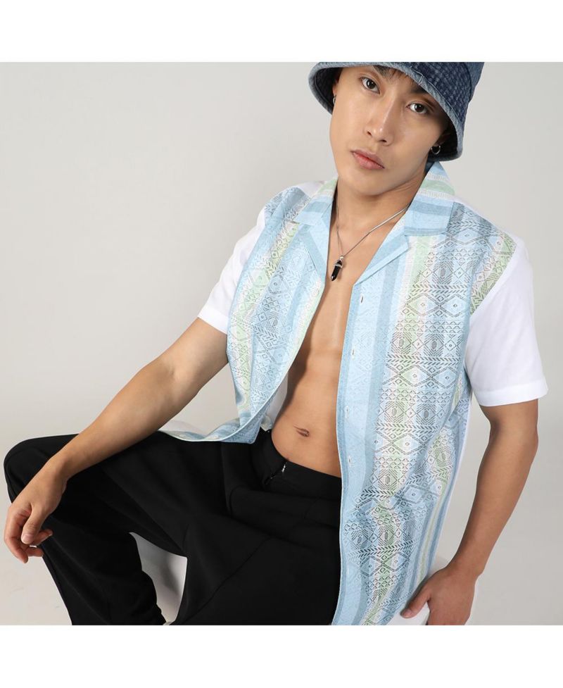 Men's Light Blue & Pale Yellow Fish Eye Ethnic Shirt