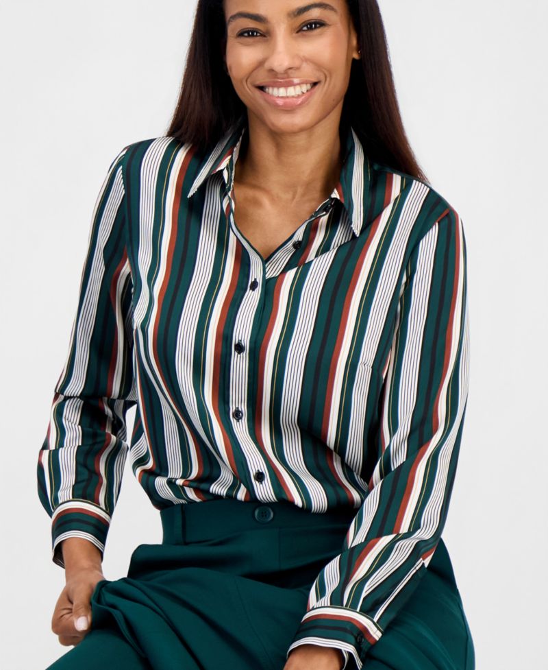 Women's Long-Sleeve Button-Front Striped Blouse