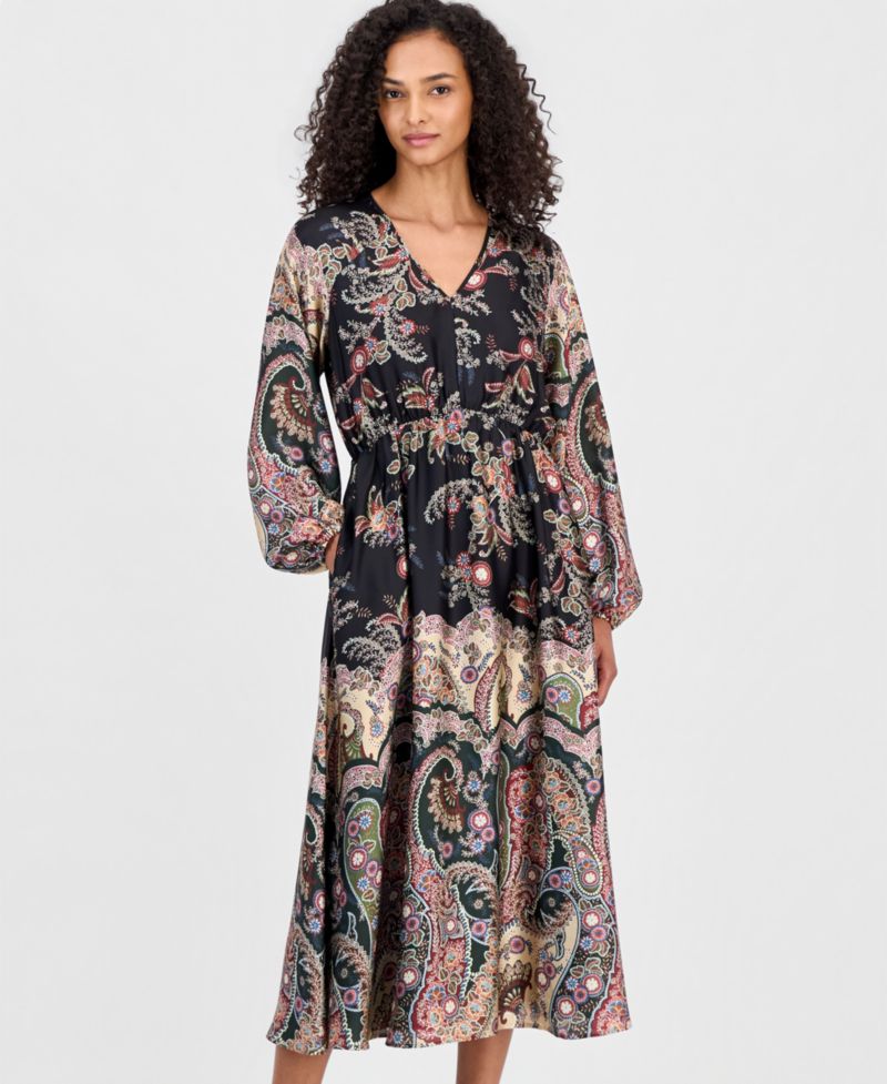 Women's Long-Sleeve Smocked-Waist Split-Neck Midi Dress