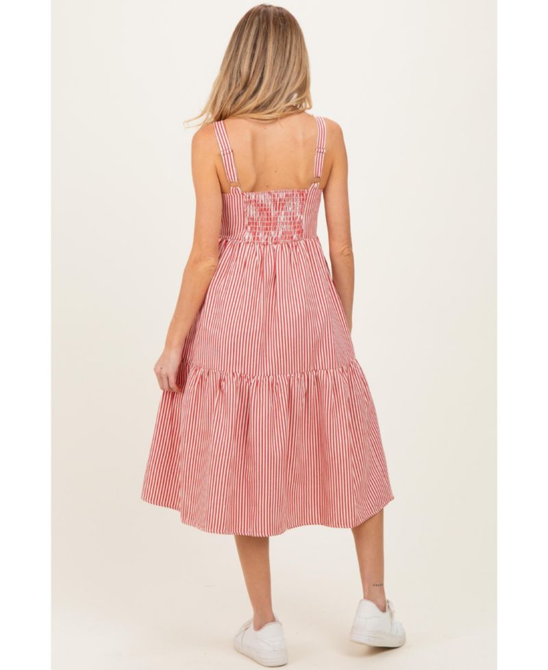 Women's Red Striped Tiered Overall Dress