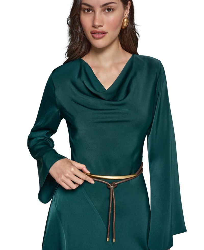 Satin Long-Sleeve Cowl Neck Belted A-Line Dress