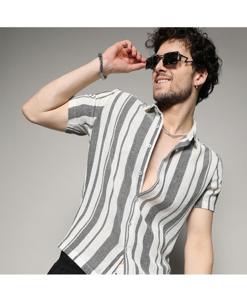 Men's White & Grey Unbalanced Striped Woven Shirt
