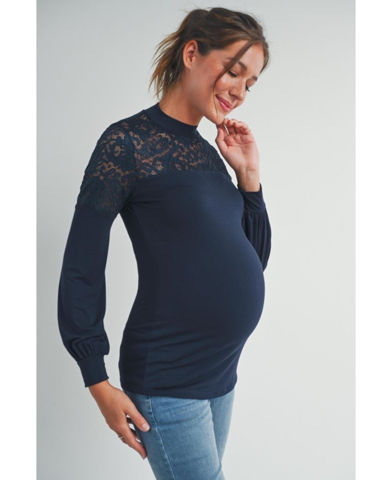 Maternity Floral-Lace Yoke Mock-Neck Long-Sleeve Top