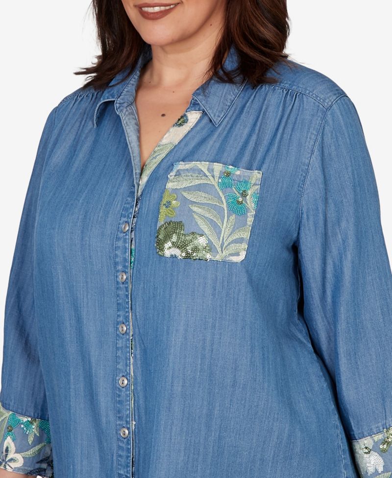 Plus Size Sequined Denim Button-Front Top