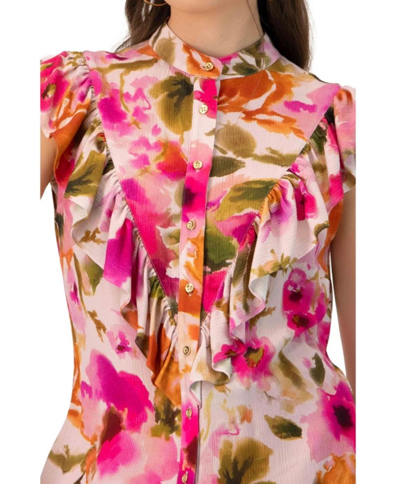 Women's Sleeveless Floral Blouse with Ruffle Detail